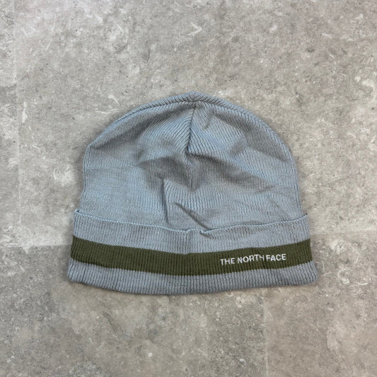 The North Face Knit Beanie with Olive Stripe – Light Grey (One Size)